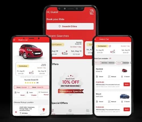 Onroadz app showcasing booking screens